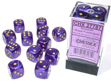 Chessex Borealis Royal Purple Gold 16mm (12 d6 Dice) For Discount