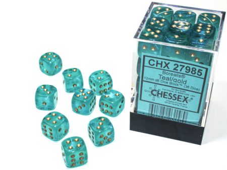 Chessex Borealis Teal Gold 12mm (36 d6 Dice) Online Hot Sale