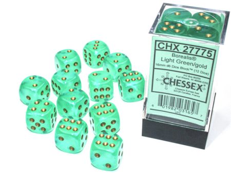 Chessex Borealis Light Green Gold 16mm (12 d6 Dice) Online Sale