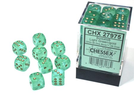 Chessex Borealis Light Green Gold 12mm (36 d6 Dice) Hot on Sale