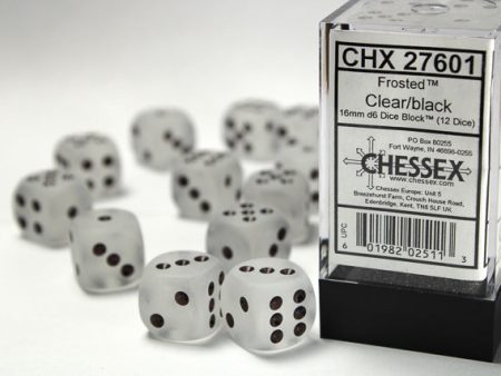 Chessex Frosted Clear Black 16mm (12 d6 Dice) Discount