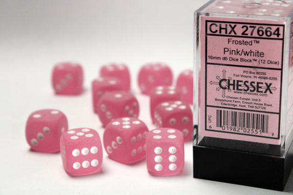 Chessex Frosted Pink White 16mm (12 d6 Dice) Online Hot Sale