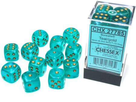 Chessex Borealis Teal Gold 16mm (12 d6 Dice) Hot on Sale