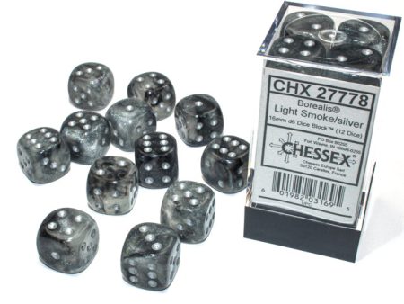 Chessex Borealis Light Smoke Silver 16mm (12 d6 Dice) For Cheap