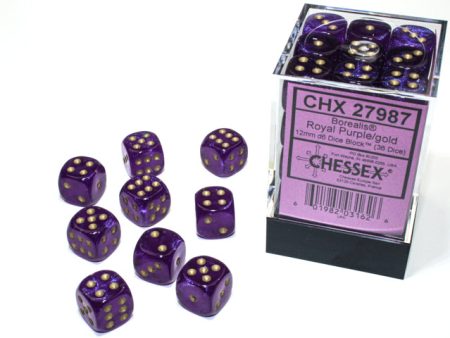 Chessex Borealis Royal Purple Gold 12mm (36 d6 Dice) For Discount